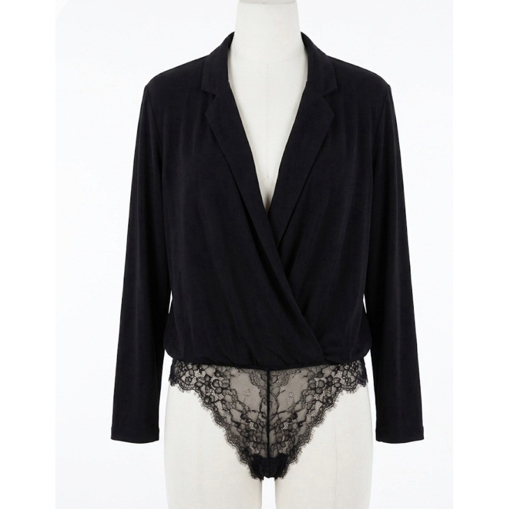 Intimately Free People Black Wrap Bodysuit Lace Trim Long Sleeve Rayon Size L